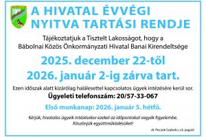 Hivatal évvégi nyitva tartási rendje